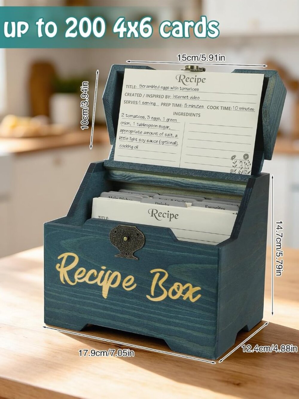 Recipe Box with Cards and Dividers - Wooden Recipe Card and Box Set - Picture 2 of 8